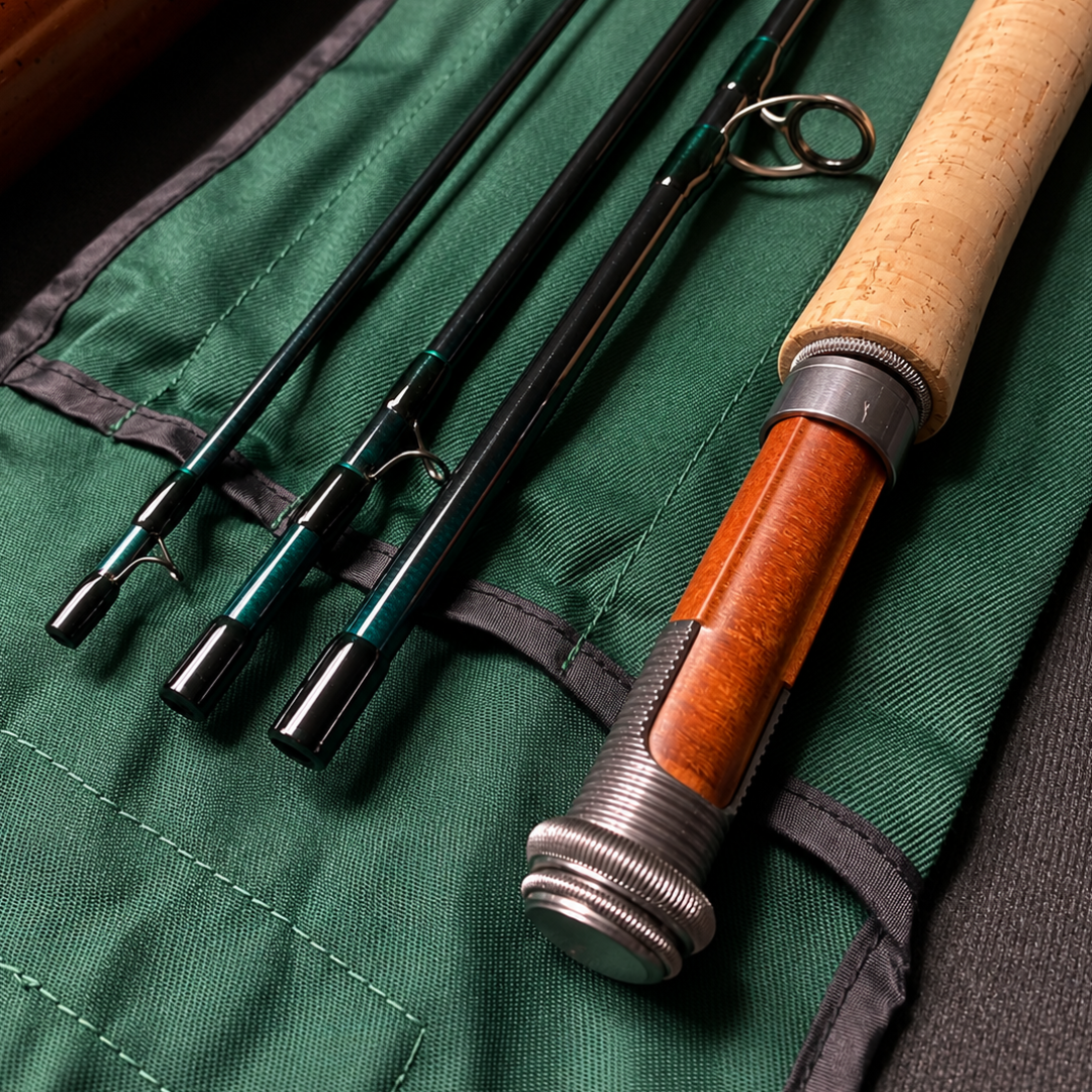 Close-up of a fishing rod set laid on a green fabric rod roll, with black and teal rods and a cork-and-wood handled rod visible.
