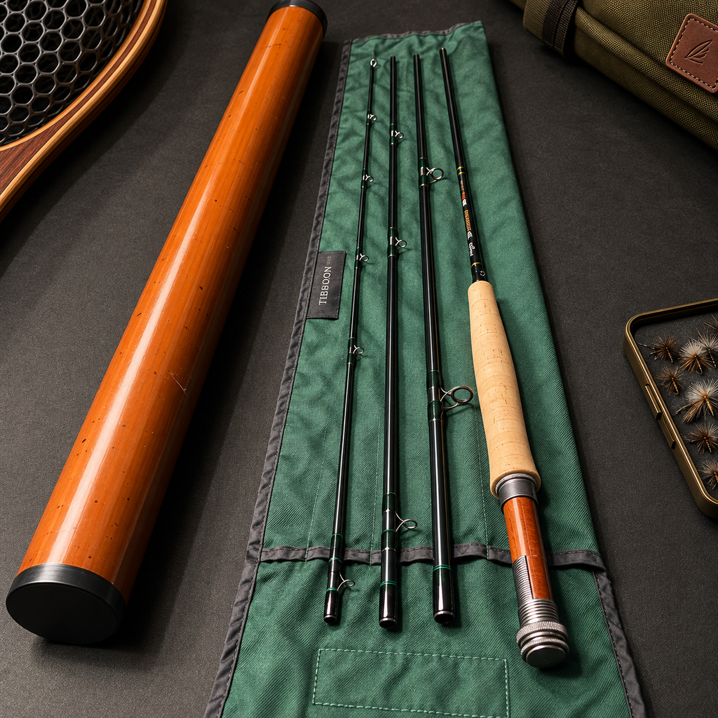 A fly-fishing rod set laid out on a dark surface, including a wooden fly case, three black rod sections on a green roll, and a rod with a light wood handle and orange ferrule. A small box of fishing lures sits to the right.
