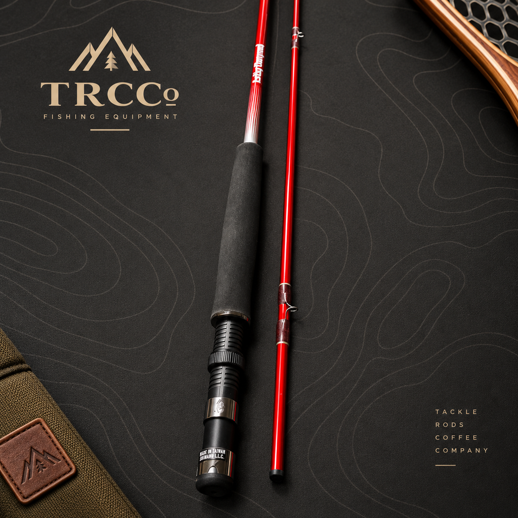 A close-up product shot of a fishing rod shown in two pieces, with a black handle and a red shaft, placed on a dark topographic-patterned surface. The TRCCo logo is visible in the upper left, and a partial brown leather accessory is visible in the lower left corner.