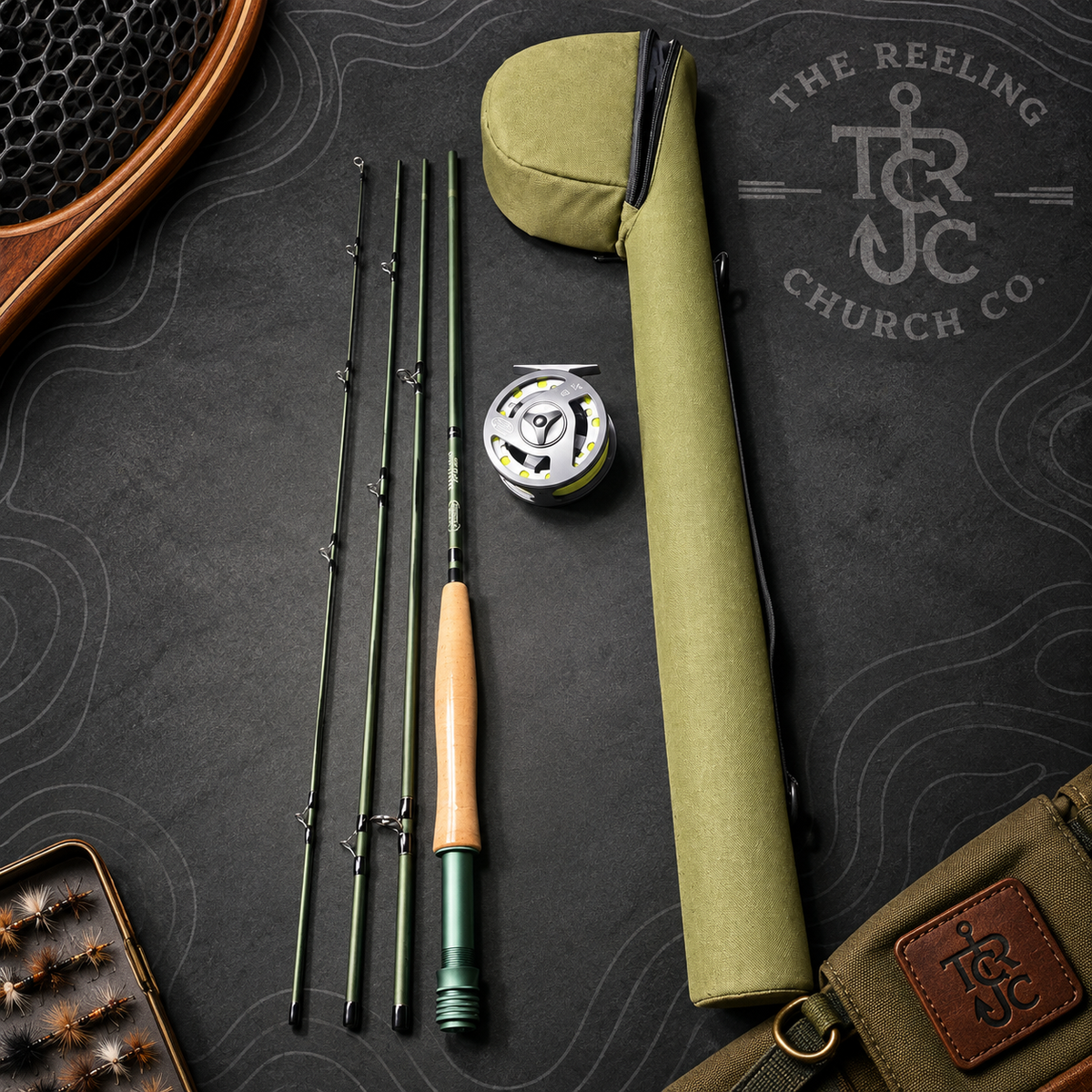 A fly fishing kit laid out on a dark textured background, including a segmented fly rod, a spool of line, an olive green reel bag, and a brown leather tackle pouch with a visible TJC logo patch. A TJC watermark is visible in the upper right.