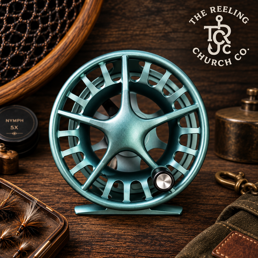 A teal metallic fly fishing reel displayed on a dark wooden surface with fishing-themed props, including a fly tie case, a brass bottle, and a fly, under the brand logo 'The Reeling Church Co'.