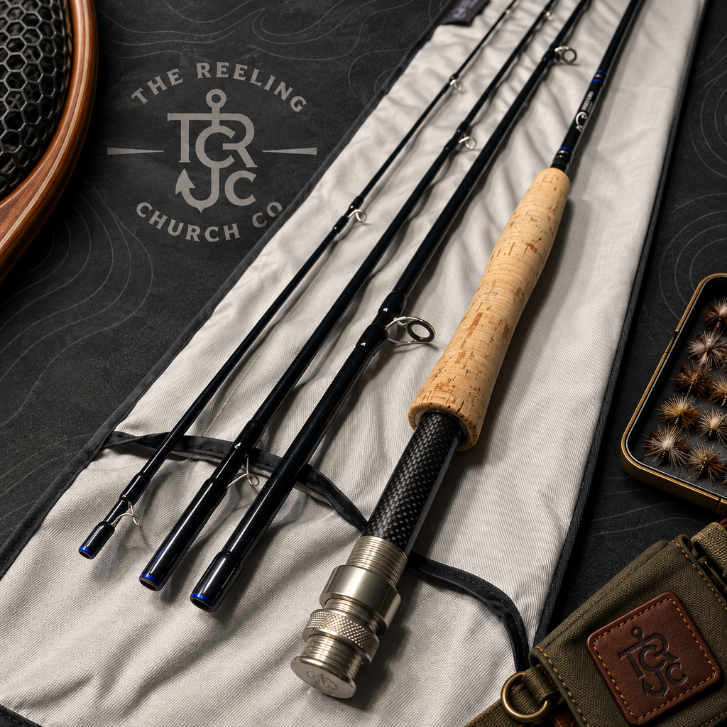A fly-fishing rod set laid out on a light gray carrying case, with three black rods, a cork-wrapped handle, metal reel seat, and a leather strap. The scene includes a dark branded mat reading The Reeling Church Co and a small fly box nearby.