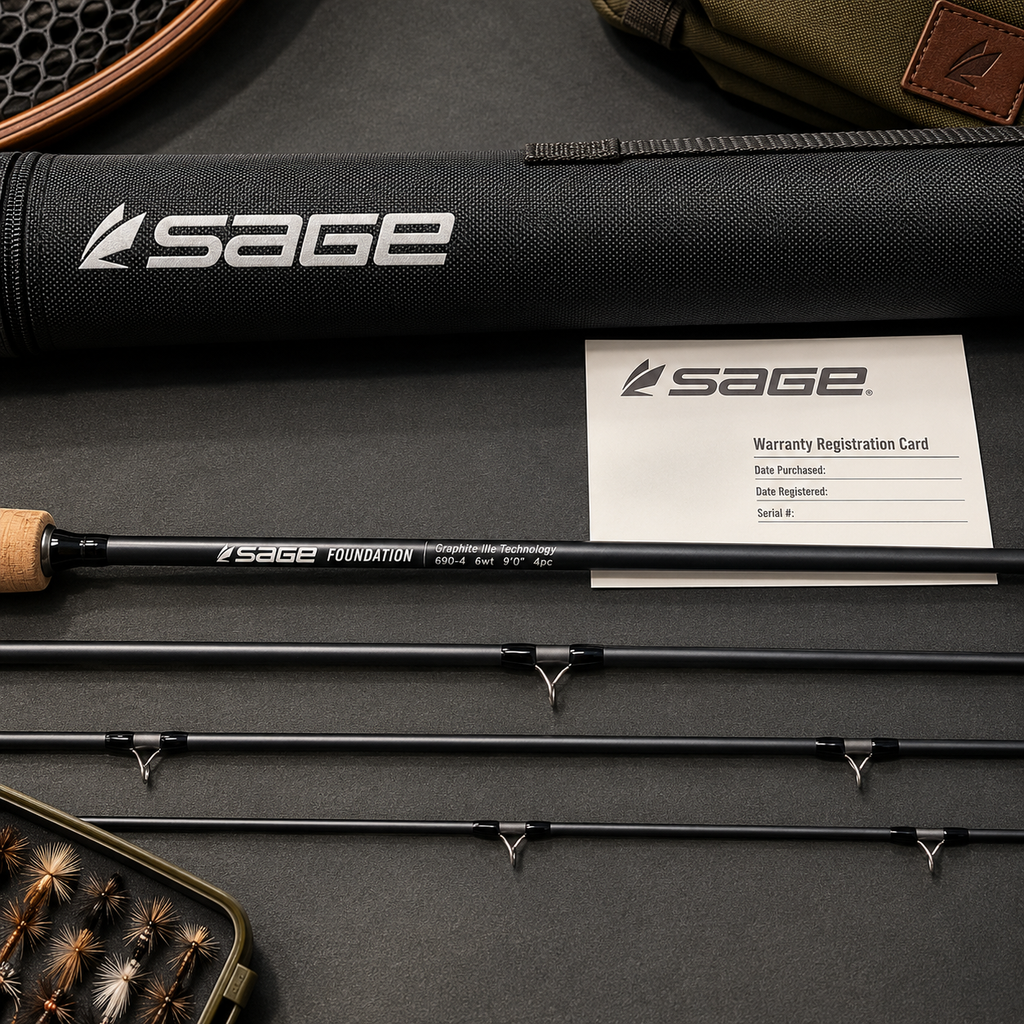 Sage fly fishing rod set laid out on a dark textured surface, including the rod sections, a black Sage-branded tube, a warranty card, and a small fly box. The rod has a cork handle and black shaft with silver hardware.