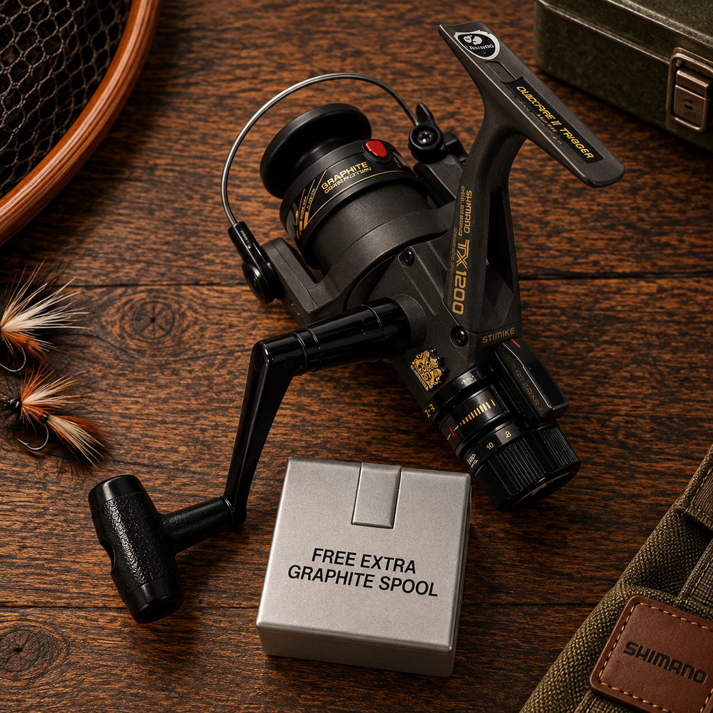 A Shimano X-Cell Pro fishing reel with a black handle and graphite spool, displayed on a dark wooden table next to a silver box labeled 'FREE EXTRA GRAPHITE SPOOL'.