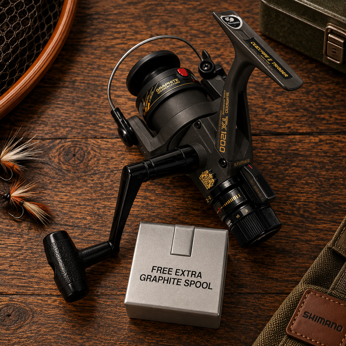 A Shimano X-Cell Pro fishing reel with a black handle and graphite spool, displayed on a dark wooden table next to a silver box labeled 'FREE EXTRA GRAPHITE SPOOL'.