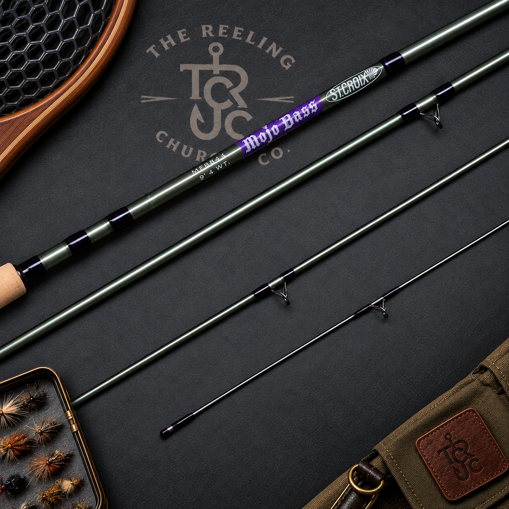 A multi-piece fly fishing rod set laid out on a dark textured background, featuring a green rod, a matching reel seat, a fly box with dry flies, and a brown leather pouch. The rod has purple and white branding text including 'Moto Bass' and 'STRIKE'.