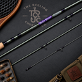 A multi-piece fly fishing rod set laid out on a dark textured background, featuring a green rod, a matching reel seat, a fly box with dry flies, and a brown leather pouch. The rod has purple and white branding text including 'Moto Bass' and 'STRIKE'.