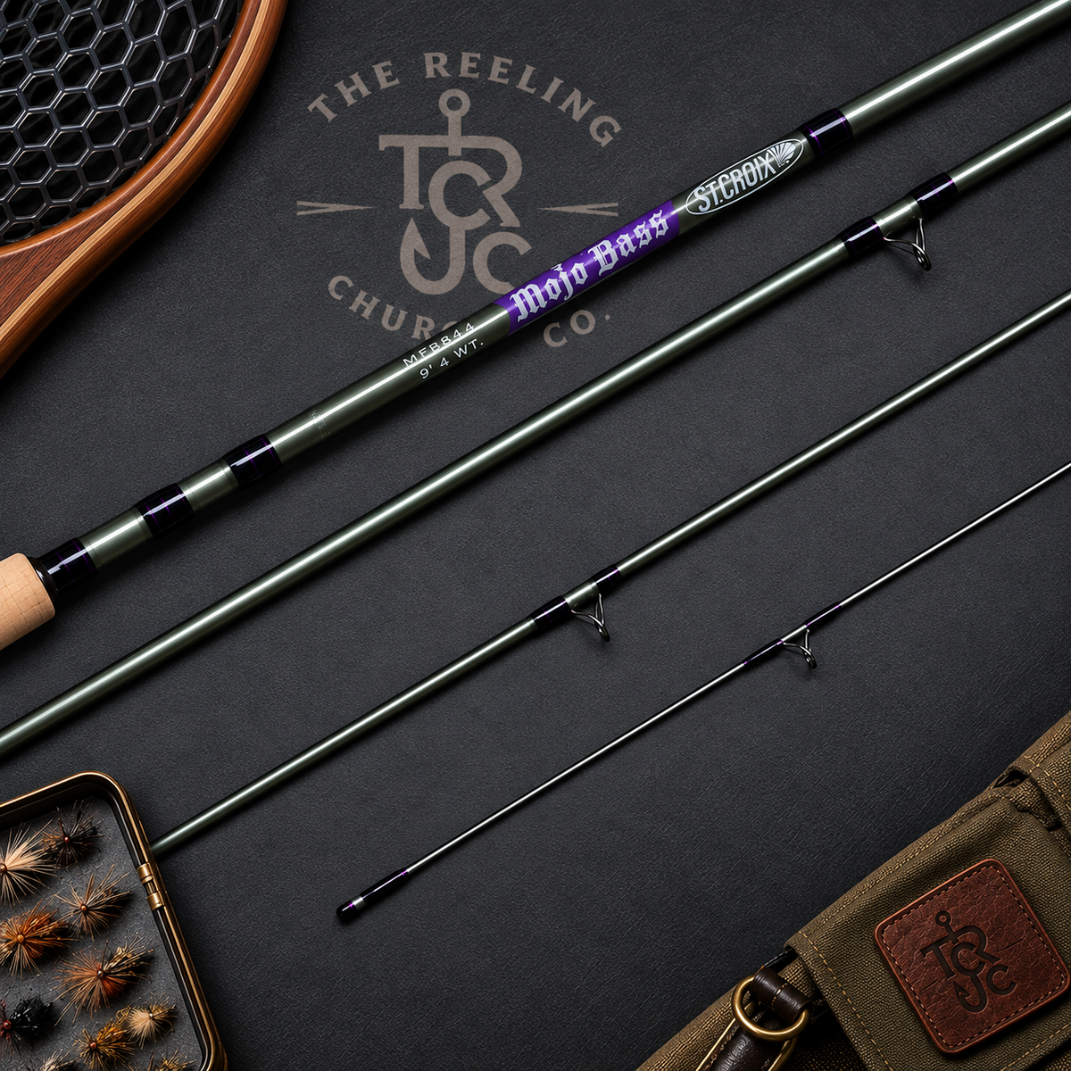 A multi-piece fly fishing rod set laid out on a dark textured background, featuring a green rod, a matching reel seat, a fly box with dry flies, and a brown leather pouch. The rod has purple and white branding text including 'Moto Bass' and 'STRIKE'.