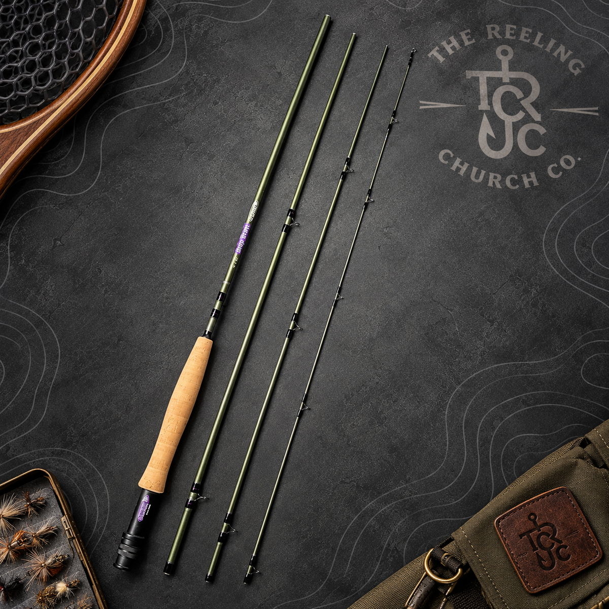 A fly fishing rod shown disassembled into four sections, laid out on a dark textured background next to a wooden fly box and a green bag. The rod has a light tan cork handle, black shaft sections, and purple accents near the reel seat.