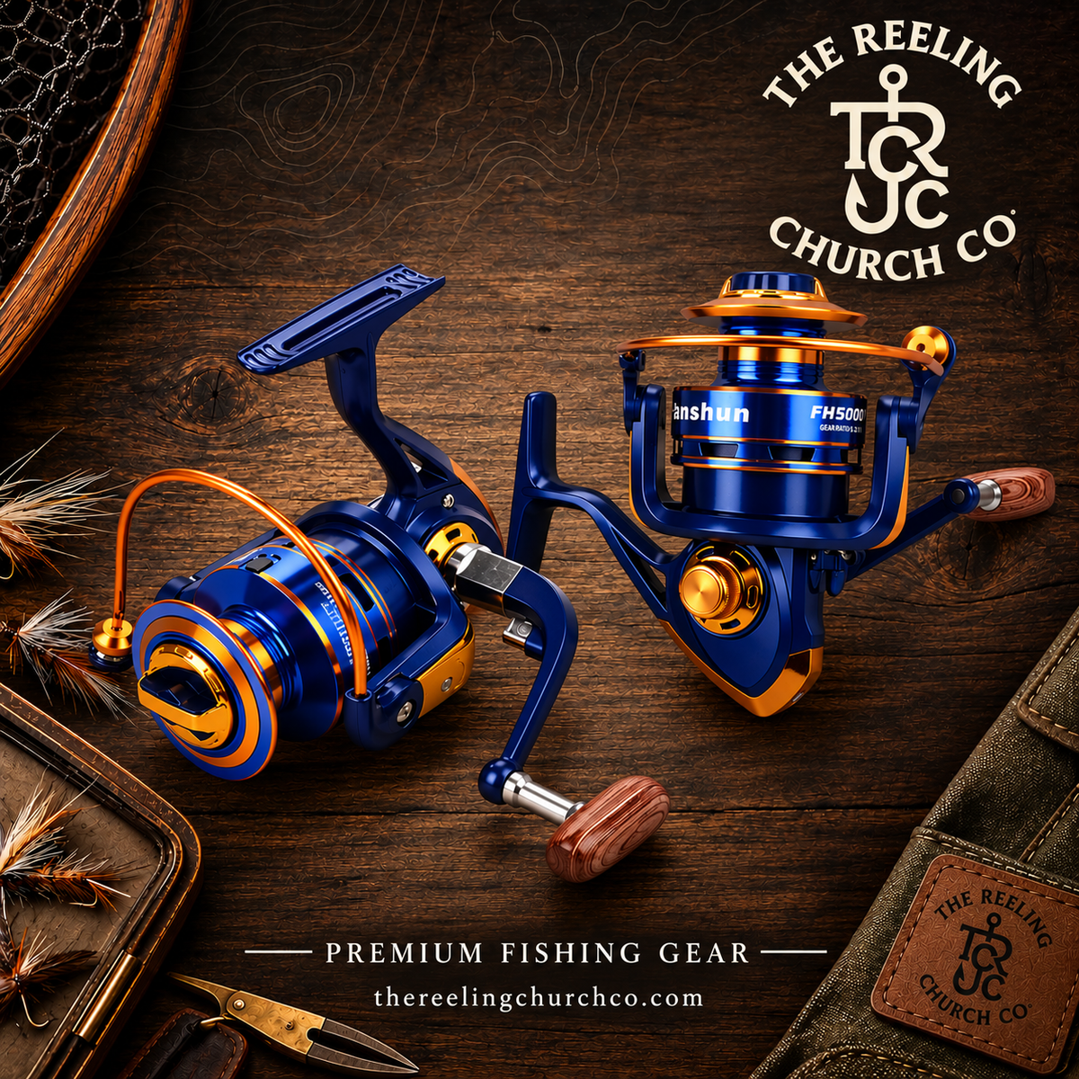 A sharp-looking, dependable spinning reel built for anglers who want smooth performance, versatility, and standout style without the premium price tag.

Finished in a deep metallic blue with gold accents and a comfortable wood-grain handle, the FH Series has a distinctive look that stands apart from the typical black spinning reel. Its balanced design and smooth retrieve make it a great choice for everything from trout and bass to larger freshwater species, with multiple sizes available to match your fishin