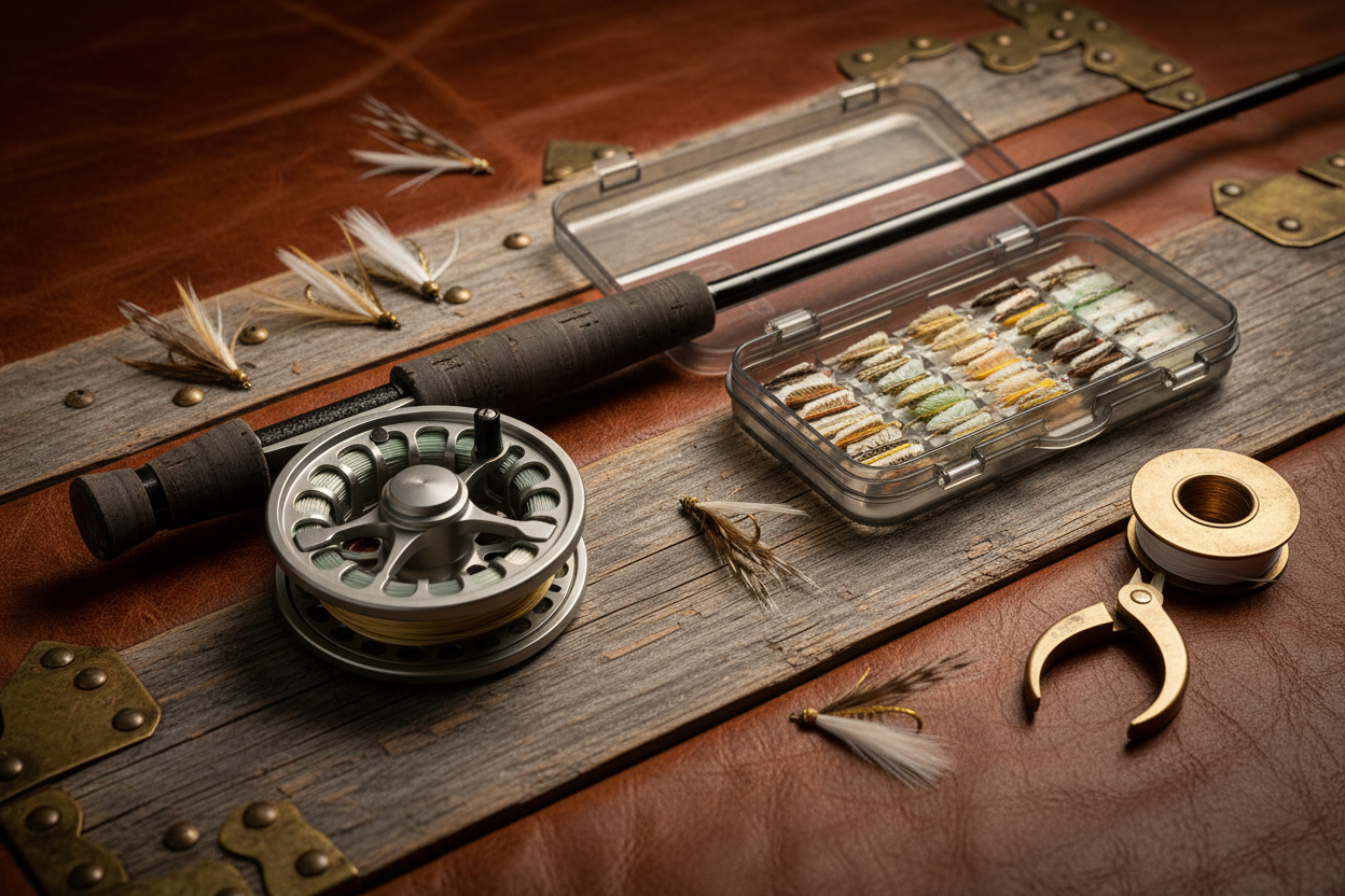 create a phot that replicates the theme but have the items be more modernized fly fishing gear gently used
