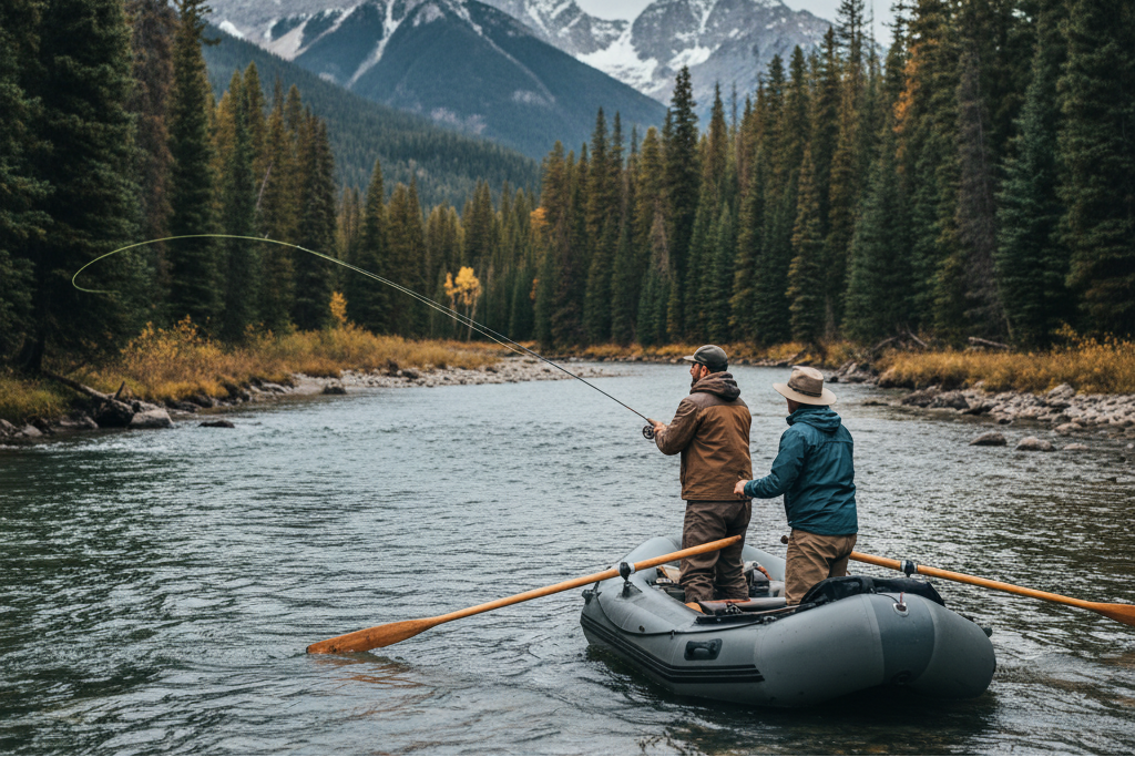 Two men fishing from modern raft