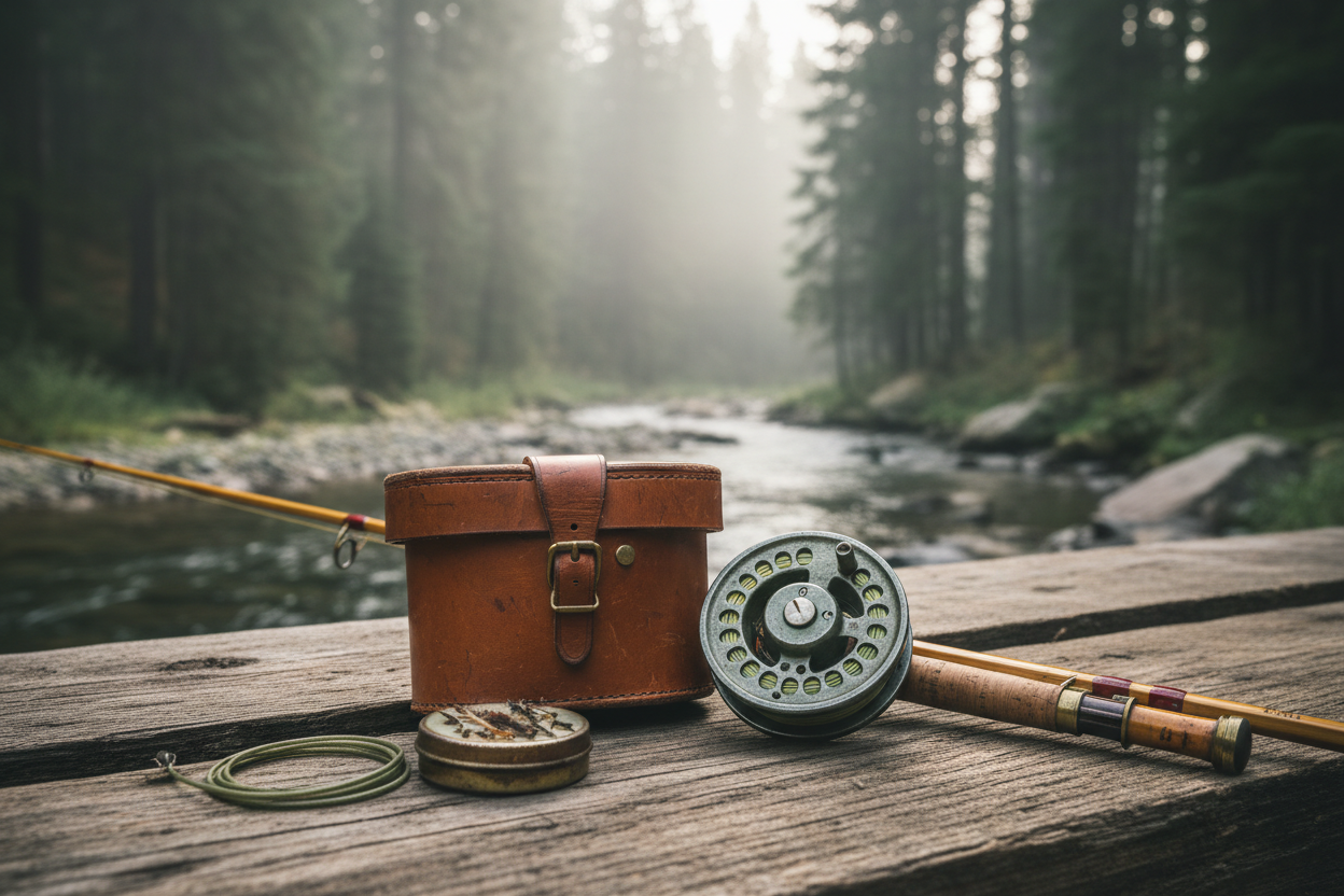Vintage fly fishing gear arranged naturally on weathered wood beside a quiet pine forest stream, worn leather reel case, aged fly reel with patina, bamboo fly rod, soft natural light, subtle fog in the background, shallow depth of field, cinematic realism, earthy muted colors, sense of history, resilience, and craftsmanship, calm and reflective mood